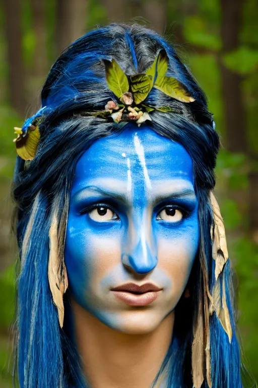 Prompt: a greek woman dressed as a blue-skinned female navi from avatar standing in a forest, blue body paint, high resolution film still, 8k, HDR colors, cosplay, outdoor lighting, high resolution photograph, photo by bruce weber, beautiful symmetric face, beautiful gazing eyes