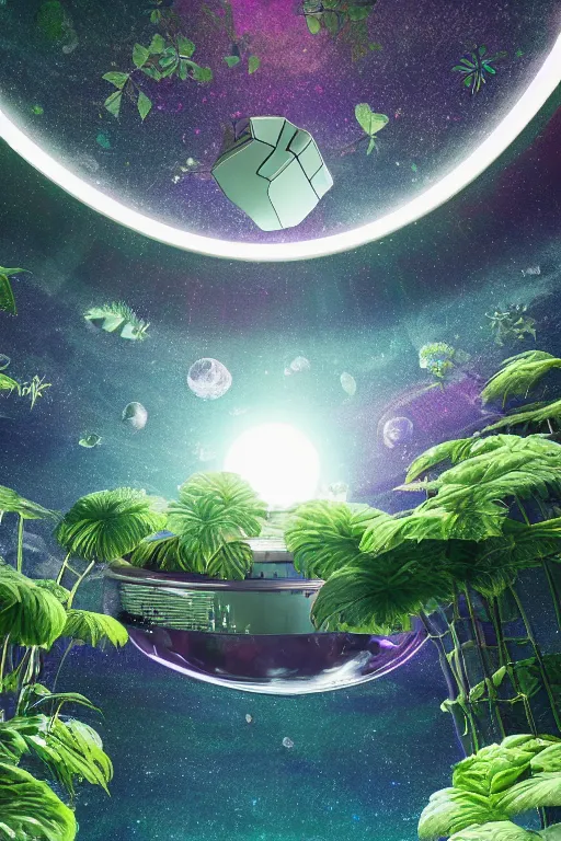 Image similar to multi level botanical garden spaceship floating in space, calm, tranquil, faded effect, detailed, vaporwave colors, render by substance designer