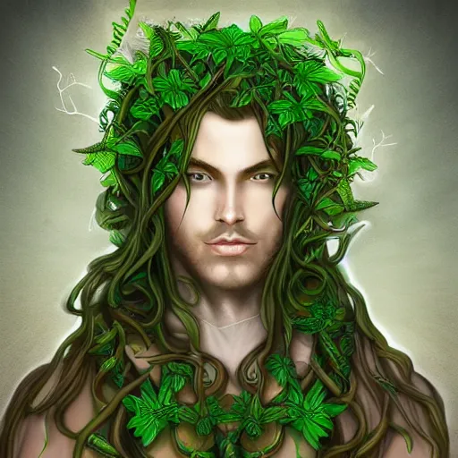 Prompt: male druid with vines as hair flower in his hair detailed fantasy digital art