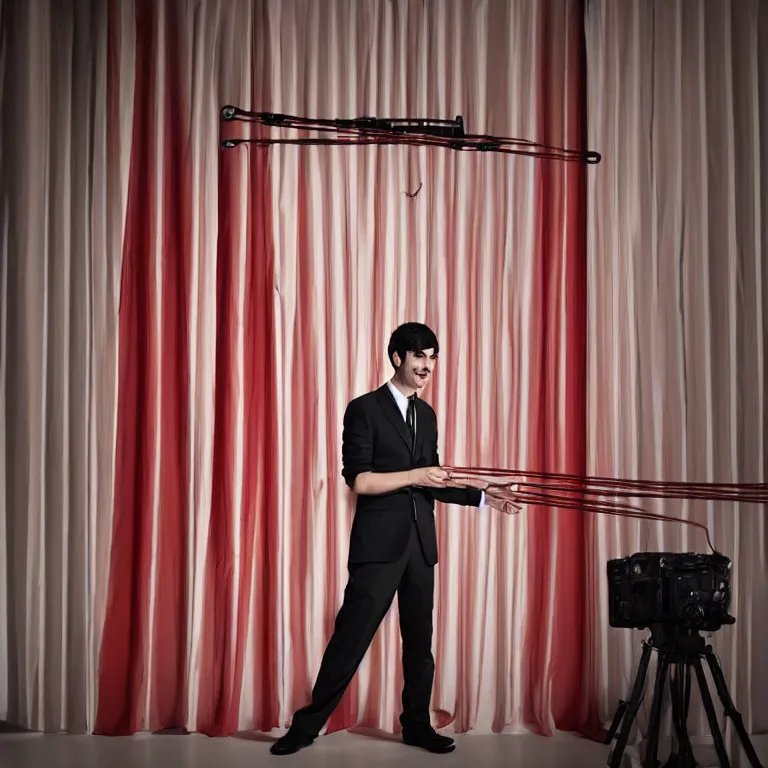Prompt: dslr photograph of nathan fielder from nathan for you on comedy central behind a puppet stage with a red curtain as multiple marionette puppets controlled by hands holding the strings, high detail!!! 8 k photorealism sharp focus volumetric lighting, coherent!!! art directed, rule of thirds