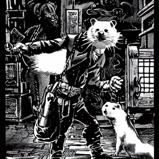 Prompt: A ferret. Dark Fantasy, Film Noir, Black and White. High Contrast, Mike Mignola, D&D, OSR.