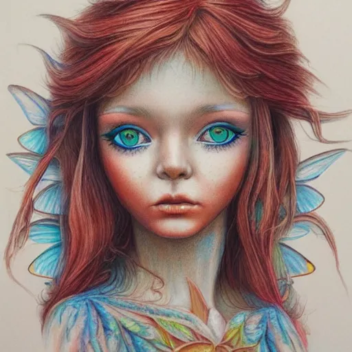 Image similar to Colored pencil art on paper, Wood Fairy, highly detailed, artstation, Caran d'Ache Luminance