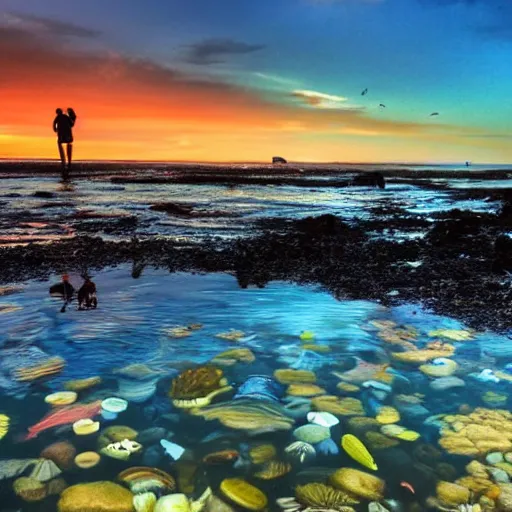 Image similar to tide pool filled sea creatures at sunset