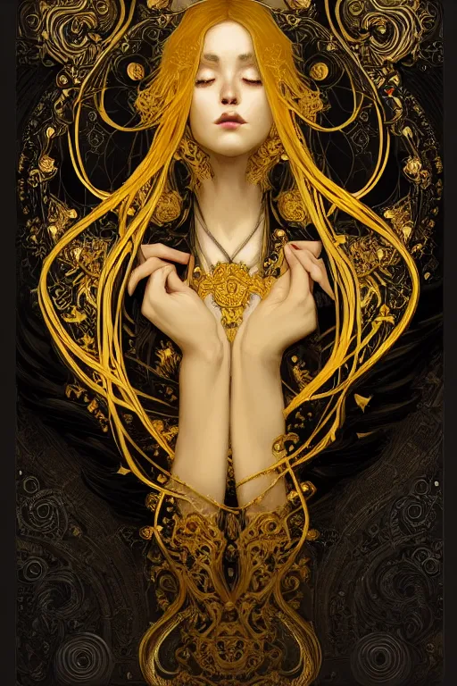 Prompt: beautiful black yellow, complicated gold baroque style decoration, dark fantasy, intricate, elegant, highly detailed, digital painting, artstation, concept art, matte, sharp focus, illustration, octane rendered, art by artgerm and alphonse mucha, leesha hannigan, ross tran