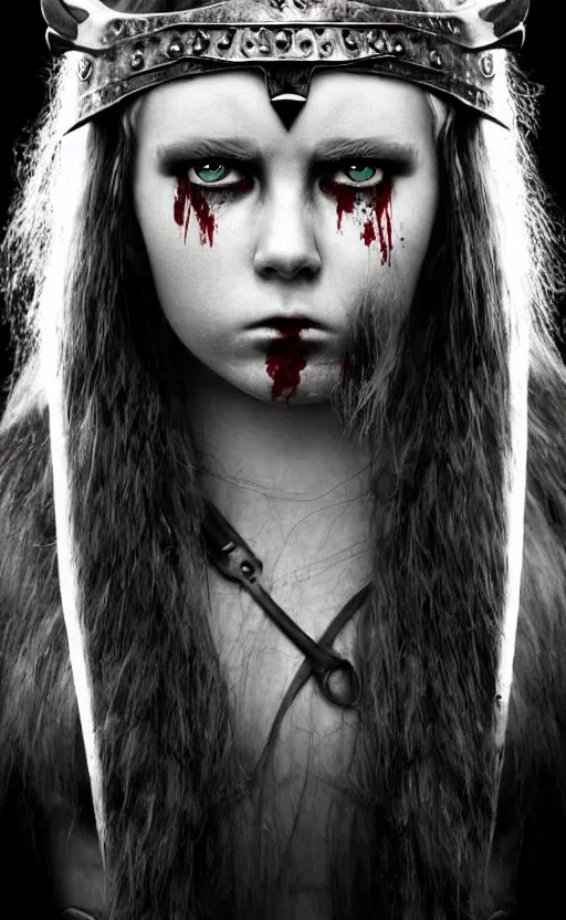 Prompt: symmetrical photorealistic photograph of beautiful female teen viking warrior with large angry eyes, bloody, cinematic,