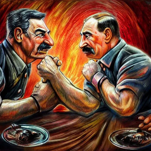 Image similar to picture of ( ( arm wrestling between putin and stalin ) ) in apocalyptic russia, hyperrealistic, digital concept art, sharp focus, 3 5 mm film, caricature illustration, art by magic realism, art by josephine wall, art by huang guangjian, art by viktoria gavrilenko, art by amanda sage, trending on artstation