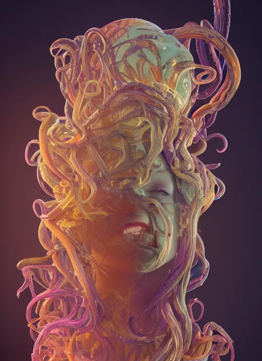 Image similar to subsurface scattering, medusa made of soft wax, cgsociety, translucent, wooden art nouveau swirls, biomechanical, colored smoke, gold cables, in the style of alberto seveso and beeple and giger, mystical colors, back light, rim light, dramatic lighting, 8 k, stunning scene, raytracing, octane render