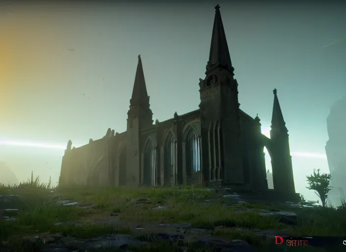 Image similar to ancient church with red shafts of light in destiny 2, foggy, liminal, dark, dystopian, beautiful architecture, abandoned, highly detailed 4 k 6 0 fps in - game destiny 2 gameplay screenshot leak