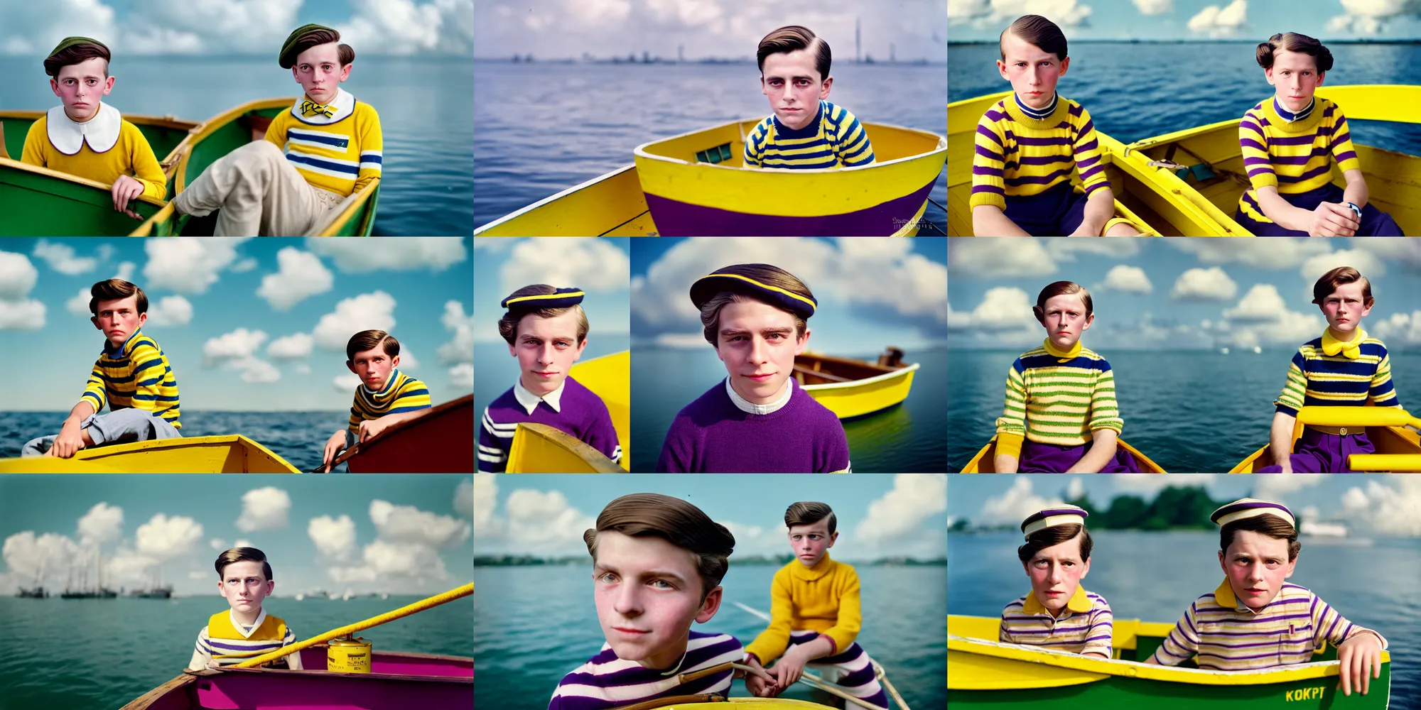 Prompt: kodak portra 4 0 0, 8 k, highly detailed, wes anderson style, press award winning colour portrait of a cute handsome 8 year old sailor boy on a yellow green purple striped rowboat, sun, clouds, up face with 1 9 2 0 s hairstyle, 1 9 2 0 s style, asymmetrical, hasselblad