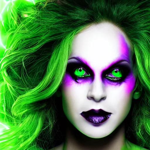 Prompt: a portrait photo of a poison themed female villain, glowing green, poison dripping, poison teeth, detailed character design, symmetrical face, purple highlights, one purple eye