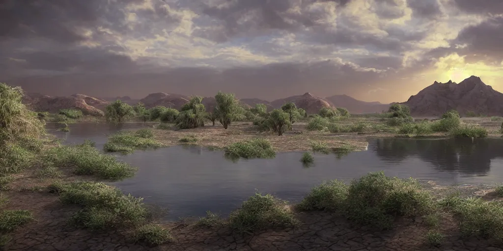 Image similar to a hyper realistic professional photographic view picture of a small lake in a desert, photographic filter unreal engine 5 realistic hyperdetailed 8k ultradetail cinematic concept art volumetric lighting, fantasy artwork, very beautiful scenery, very realistic painting effect, hd, hdr, cinematic 4k wallpaper, 8k, ultra detailed, high resolution, artstation trending on artstation in the style of Albert Dros glowing rich colors powerful imagery nasa footage drone footage drone photography