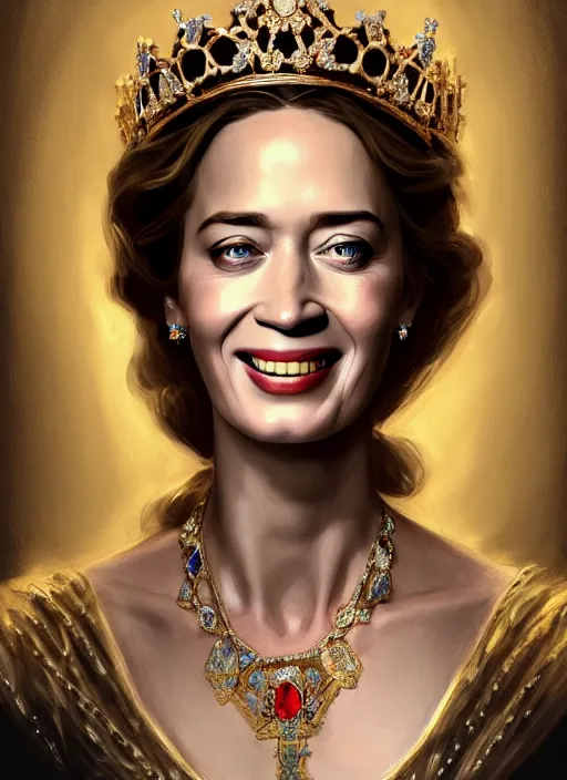 Image similar to portrait of emily blunt as queen, laughing, jewelry, greek, sapphire, victorian age, 1 8 9 0, intricate, headshot, key visual, conceptart, ambient lighting, highly detailed, digital painting, artstation, concept art, sharp focus, by makoto shinkai and akihiko yoshida and greg manchess