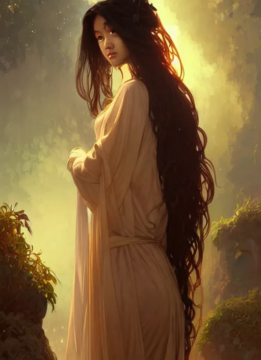 Image similar to cute brown woman wearing a transparent night gown and hanfu face veil, fantasy, intricate, highly detailed, digital painting, artstation, concept art, wallpaper, smooth, sharp focus, illustration, art by artgerm and greg rutkowski and alphonse mucha