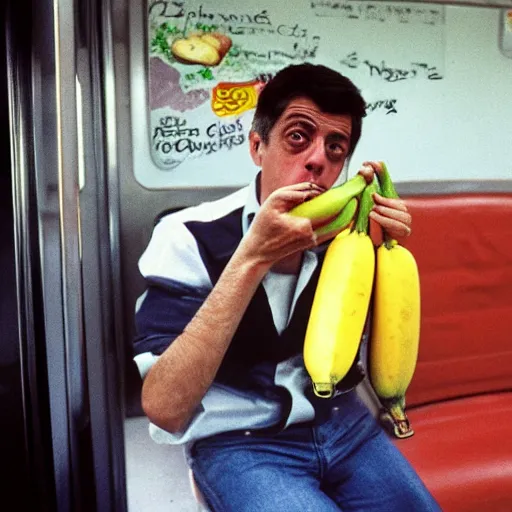 Image similar to Chico Buarque inside a train holding a banana, realistic picture, detaild, album cover 1986, amazing background