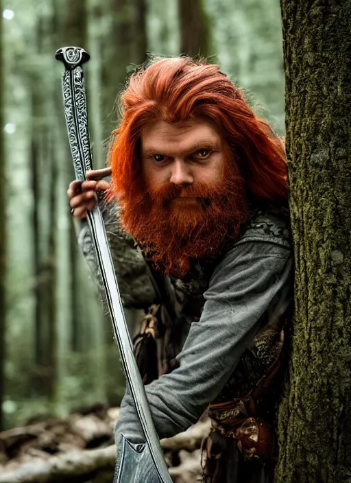 Prompt: 8K, grungy redhead 30-something bearded long haired swordsman holding a short curved sword in a ultradetailed pacific northwest redcedar forest, smooth, sharp focus, illustration. sharp focus, D&D, detailed, intricate, cinematic lighting