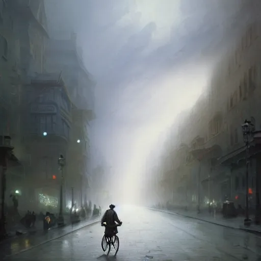 Image similar to cinematic shot epic portrait christopher eccleston riding a bicycle in the streets, atmospheric, cloudy, broad light, ambient occlusion, volumetric light effect, made by ivan aivazovsky, peter mohrbacher, greg rutkowski, ross tran, matte painting, trending on artstation, 4 k, perfectly defined features, digital painting, cinematic, epic, highly detailed,