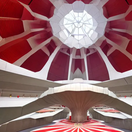 Image similar to interior of a futuristic lotus temple space station with gold, red and white marble panels, by buckminster fuller and syd mead, intricate contemporary architecture, photo journalism, photography, cinematic, national geographic photoshoot