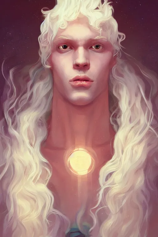 Prompt: prompt portrait of a beautiful androgynous blond man, albino pale white skin and long fluffy curly blond hair, Center parted curtain bangs, close up view, head and upper body, looking upward, fullface, light from above, by Peter Mohrbacher, trending on artstation, 8k