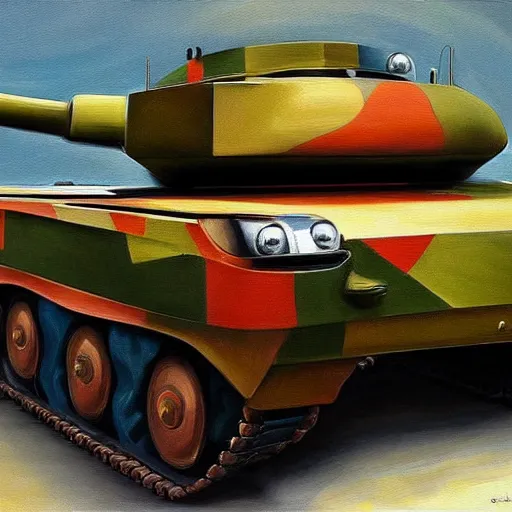 Prompt: a beautiful complex painting of a car shape as a tank