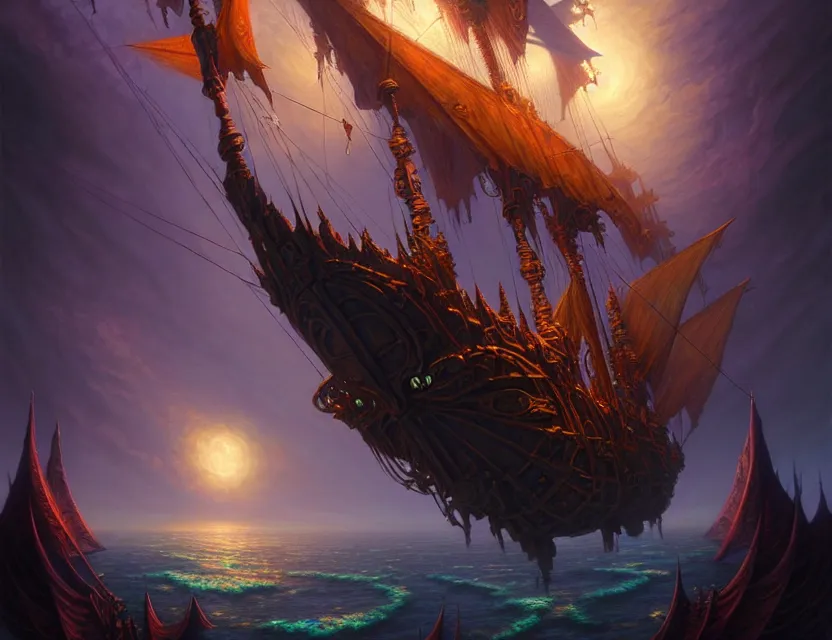 Image similar to the flying magical galleon moves through the multiverse, amazing d & d planescape art, trending on artstation, beautiful digital painting in the style of dan mumford, volumetric lighting, intricate details, ultra realistic, art by kev chan, fantasypunk, deep colors, cgsociety, by art germ, by gerald brom, by peter mohrbacher