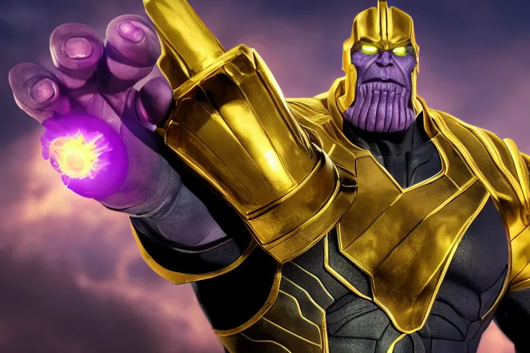 Image similar to Thanos wielding the infinity gauntlet, in the style of adam spizak, HD Wallpaper, desktopography, digital art