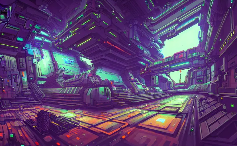 Prompt: cyberpunk, space station, extremely detailed, pixel art, soft light, fantasy, digital painting, art station, fine details, style by minecraft