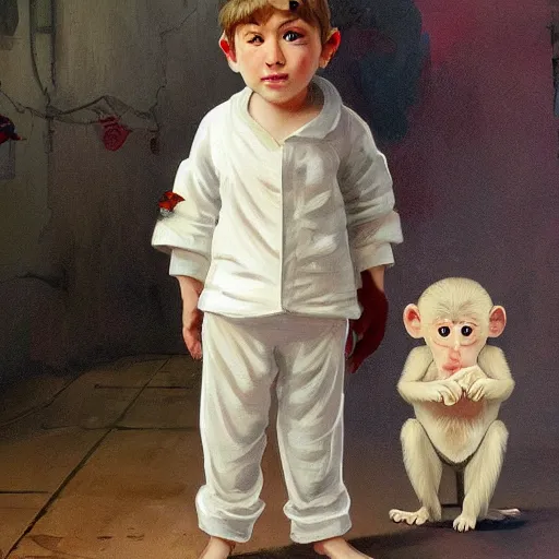 Image similar to young boy wearing white fabric pajama with cartoon paintings on it. standing and looking on a small furry smiling monkey. highly detailed, digital painting, artstation, concept art, smooth and sharp focus, cg by tian zi and wlop and alphonse mucha