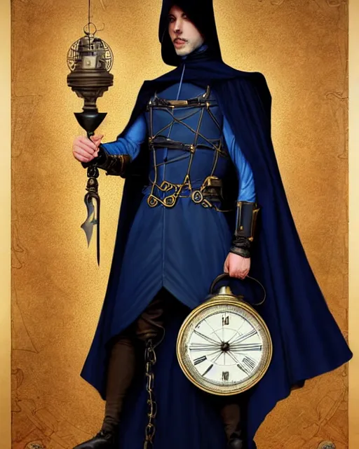 Prompt: handsome male using a mechanical astrolabe device, long black hair blue eyes wearing cloth mantle gothic navy cloak with leather details, cliffside town, fantasy character portrait, ultrarealistic, intricate details, elegant, cinematic lighting, highly detailed, artstation, cgsociety, sharp focus, beautiful digital painting by artgerm, gerald brom, wlop, alphonse mucha