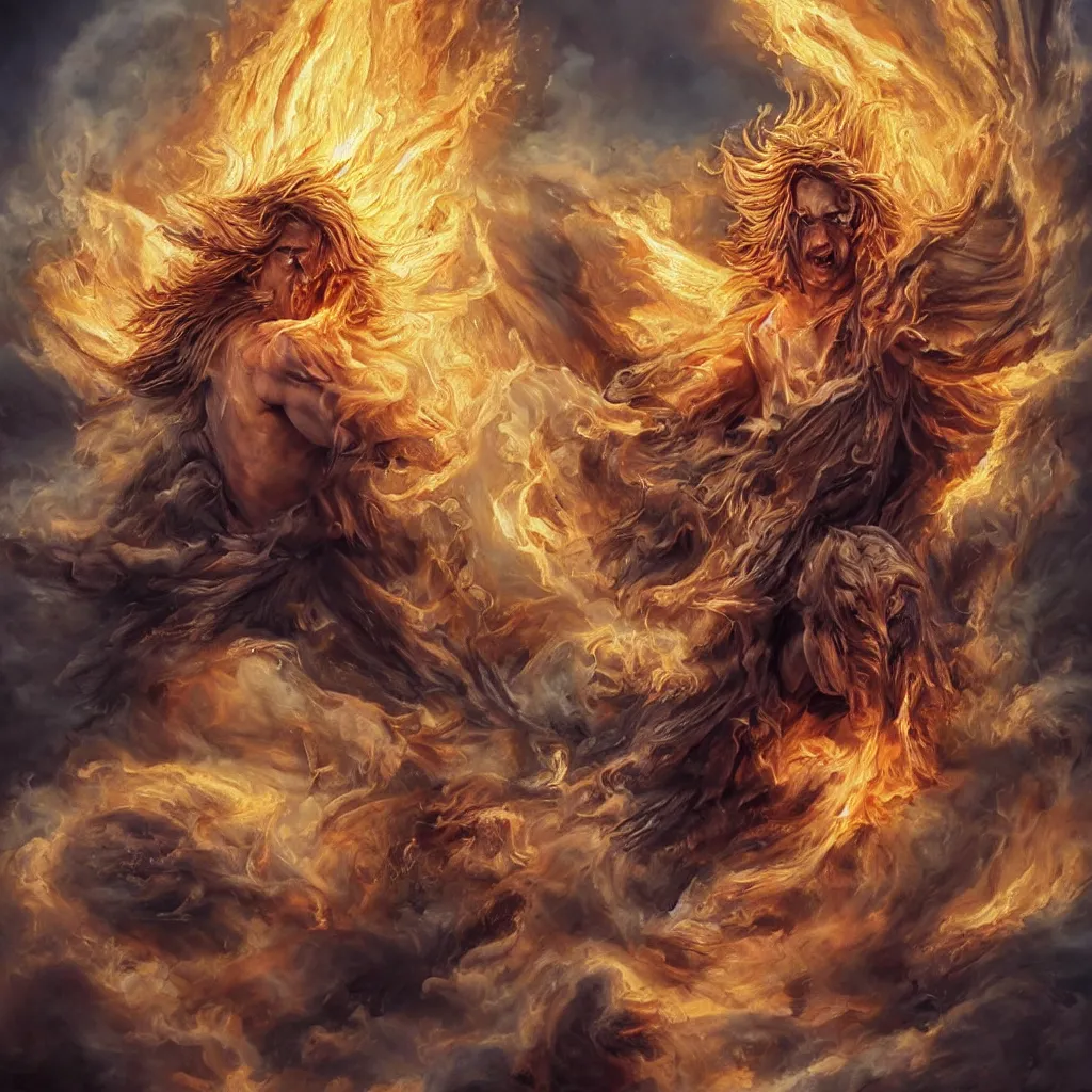 Prompt: oil painting of a wrathful archangel Michael with fluffy blond curls of hair and piercing eyes, with scintillating holy radiance and luminous eyes, against a hellish flaming battlefield and a lot of smoke, darkart, hyperdetailed, hyperealistic, cinematography, 16k, 3D, Artstation, Deviantart, very beautiful