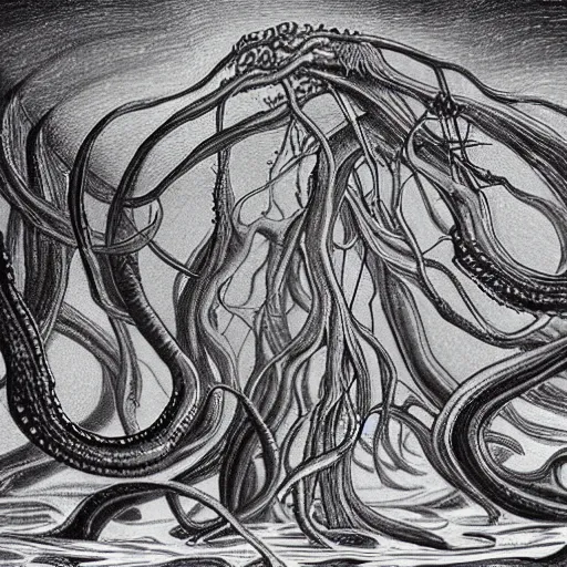 Prompt: lovecraftian eldritch being, made of dark matter, formless and amorphous, beautiful, realistic eerie fantasy illustration