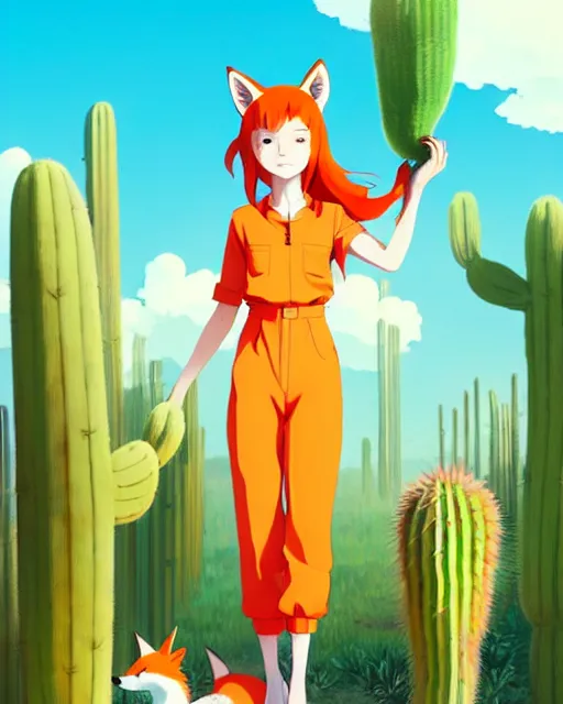 Image similar to portrait of cute redhead foxgirl in orange jumpsuit with fox ears by ilya kuvshinov, holding a cactus, cloudy sky background lush landscape illustration concept art anime key visual trending pixiv fanbox by wlop and greg rutkowski and makoto shinkai and studio ghibli