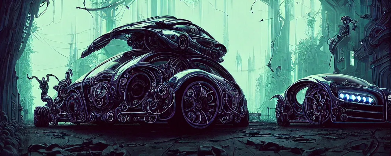 Image similar to shiny cyberpunk vehicle reminiscent of bugatti chiron with robotic enhancements parked in ancient mystic woods, gothic and baroque, brutalist architecture, ultradetailed, creepy ambiance, fog, artgerm, giger, Intricate by Ellen Jewett and Josan Gonzalez and Giuseppe Arcimboldo