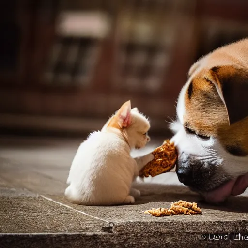 Image similar to photography of a puppie giving some food to baby cat, animal photography, award winning photography by Leonardo Espina