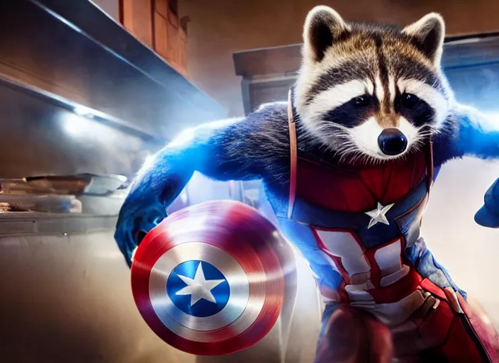 Image similar to film still of Rocket Racoon working as a pastry chef in the new Avengers movie, 4k