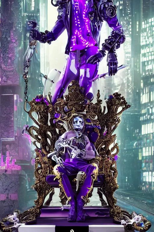 Image similar to full-body rococo and cyberpunk style violet neon statue of a young attractive Spanish male macho dotado android reclining sim roupa con piroca, glowing white face, prince crown of orange steampunk gears, diamonds, swirling silver-colored silk fabric. futuristic elements. full-length view. space robots. human skulls. throne made of bones, intricate artwork by caravaggio. Trending on artstation, octane render, cinematic lighting from the right, hyper realism, octane render, 8k, depth of field, 3D