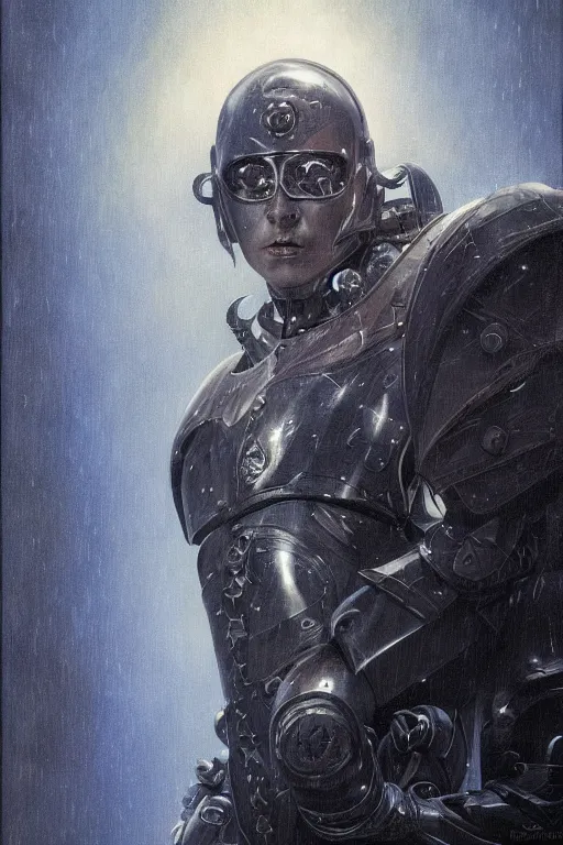 Image similar to portrait of beautiful gothic and futuristic young man, warhammer, cyber armor, a lot of more and more scars, thunderstorm, blue head, the middle ages, highly detailed, artstation, illustration, more and more composision, 8 k quality, art by jean delville, greg rutkowski