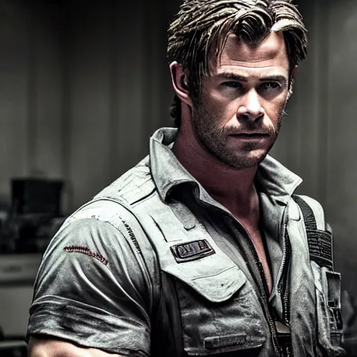 Image similar to chris hemsworth as chris refield in resident evil, 4k, high detail, high-resolution photograph, professional photography