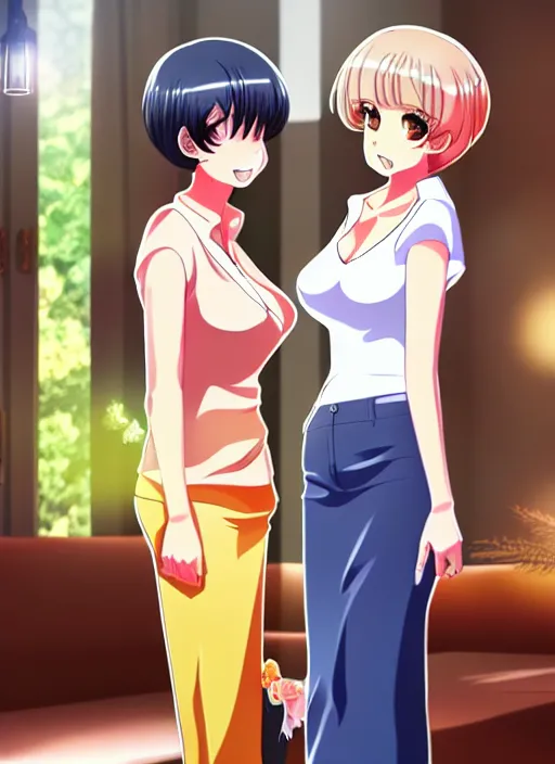 Image similar to two beautiful mothers in a summer home, sophisticated clothes, gorgeous faces, thick lines, cinematic lighting, detailed anime art