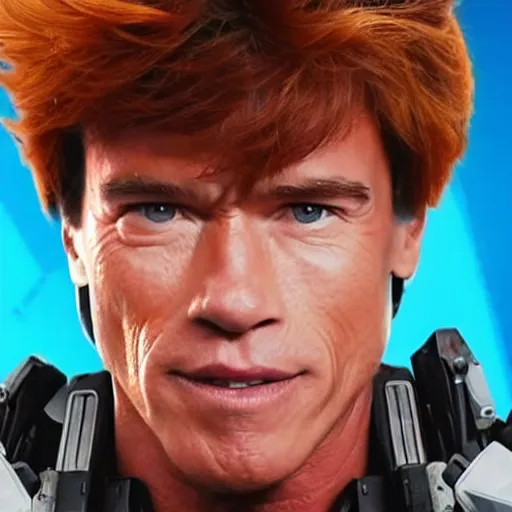 Image similar to a screenshot of arnold schwarzenegger as tracer in overwatch