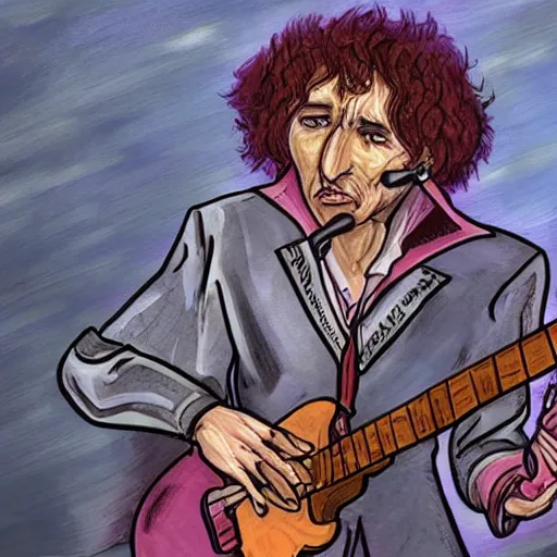 Image similar to illustration image for bob dylan as a magic the gathering creature, highly detailed, fantasy, cartoon style, painting