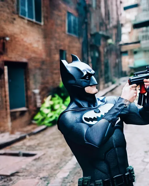 Prompt: happy batman firing super soaker water gun in an alleyway, everyone having fun, toy product advertisement, photography