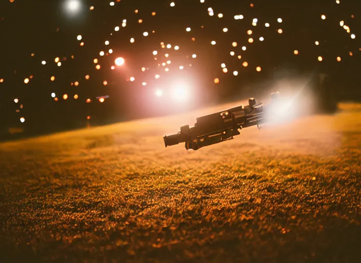 Image similar to a 3 5 mm photo of an alien spaceship firing blaster beams, bokeh, canon 5 0 mm, cinematic lighting, dramatic, film, photography, golden hour, depth of field, award - winning, 3 5 mm film grain