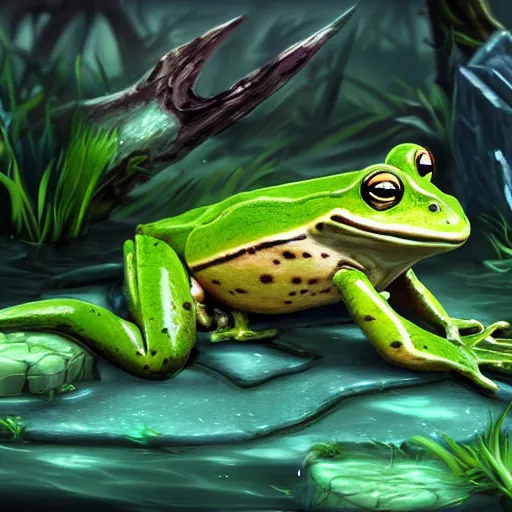 Image similar to beatiful art league of legends splash art of a frog in a swamp