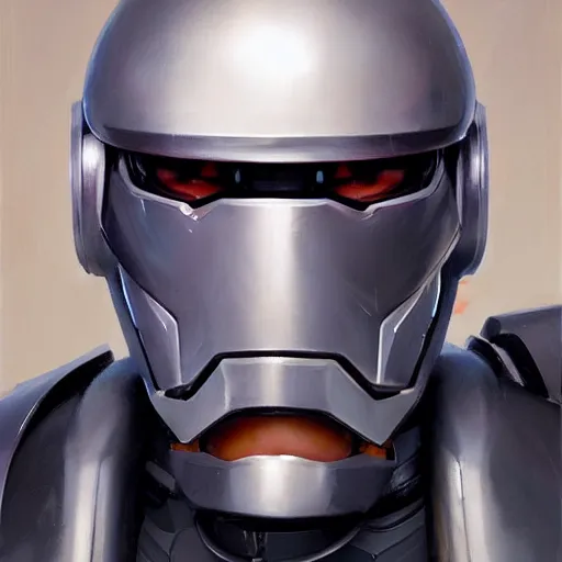 Image similar to greg manchess portrait painting of james murphy aka robocop as overwatch character, aesthetic, medium shot, asymmetrical, profile picture, organic painting, sunny day, matte painting, bold shapes, hard edges, street art, trending on artstation, by huang guangjian and gil elvgren and sachin teng