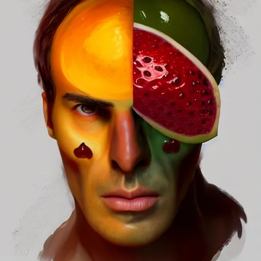 Prompt: a man's face is fused into fruit, artstation, cgsociety, concept art, illustration, 8 k