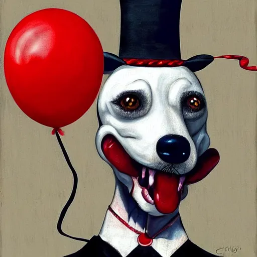 Image similar to grunge cartoon painting of a dog at the circus with a wide smile and a red balloon by chris leib, loony toons style, pennywise style, horror theme, detailed, elegant, intricate