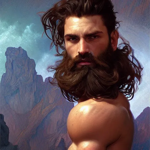 Prompt: portrait of a heavenly god, male, masculine, beard, full body, muscular, fantasy, intricate, elegant, dramatic lighting, highly detailed, digital painting, artstation, concept art, matte, sharp focus, illustration, art by artgerm and greg rutkowski and alphonse mucha