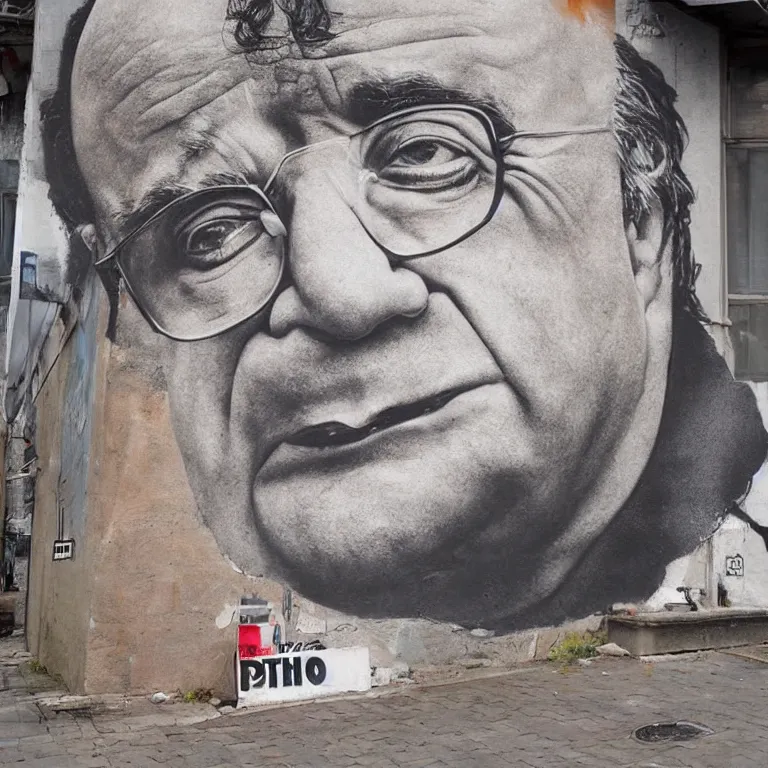 Image similar to Street-art portrait of Danny DeVito in style of Banksy, photorealism