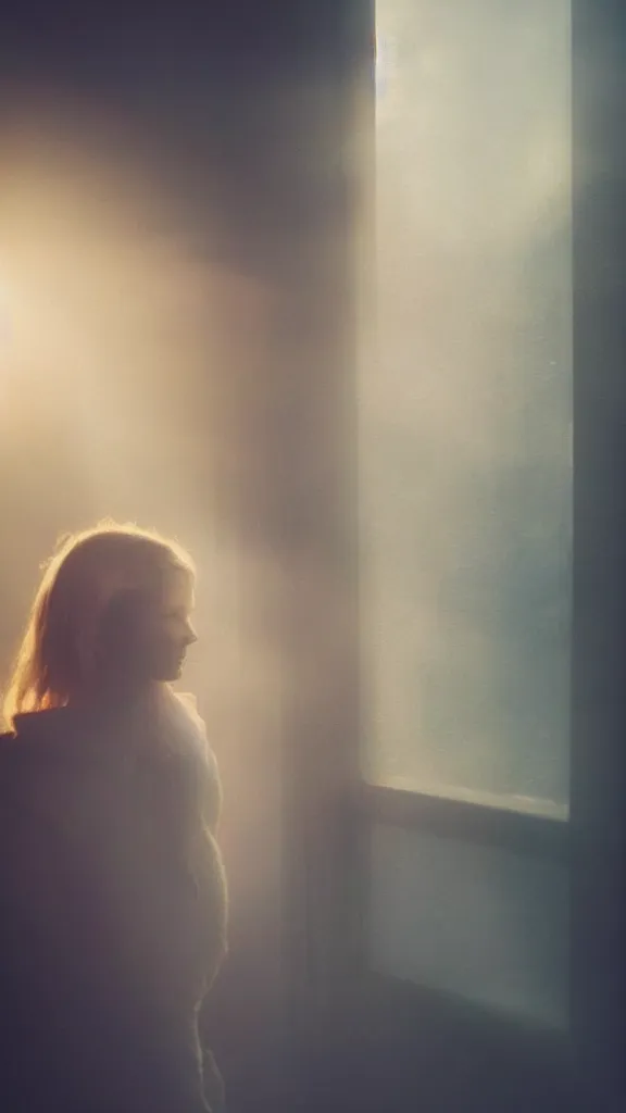 Image similar to very very beautiful photograph of emily skinner looking like annie leonhart standing next to a window god rays shining on her from the sunlight, volumetric fog, smoke, depth of field, beautiful composition, very very very beautifull face, on artstation and instagram