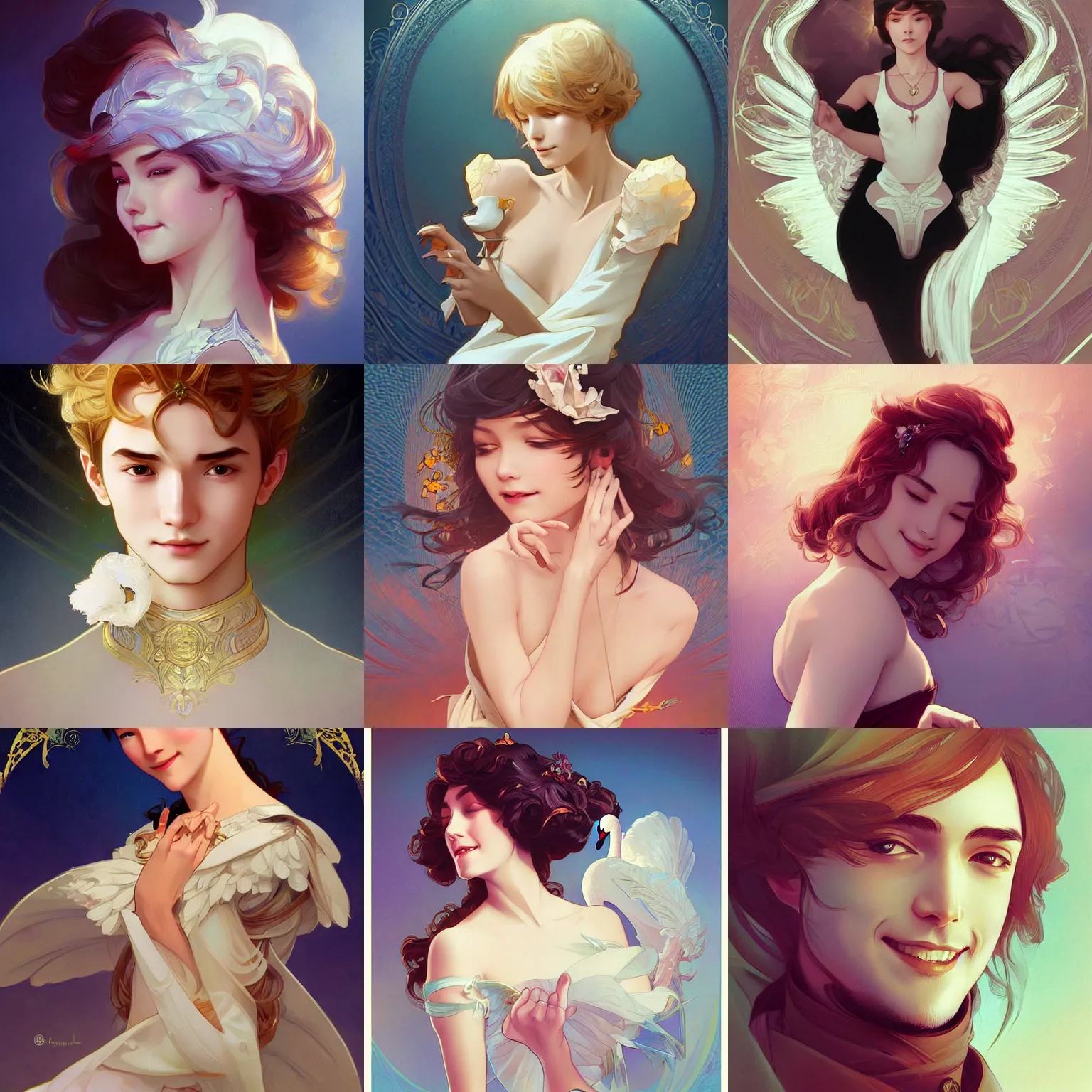 Prompt: The smile of the swan prince, highly detailed, digital painting, artstation, concept art, smooth, sharp focus, illustration, art by artgerm and alphonse mucha, high definition digital art, in the style of Ross tran and ilya kuvshinov